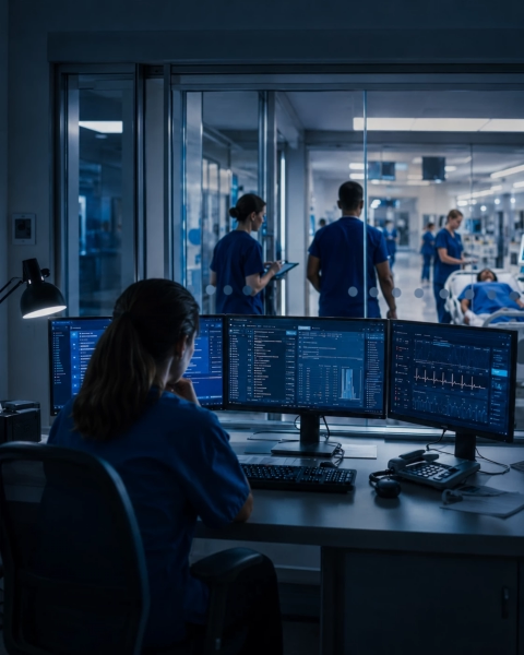 Hospital staff in a calm clinical coordination room reviewing active patient systems while a paused digital dependency suggests that care continues but trust in the environment has started to weaken.