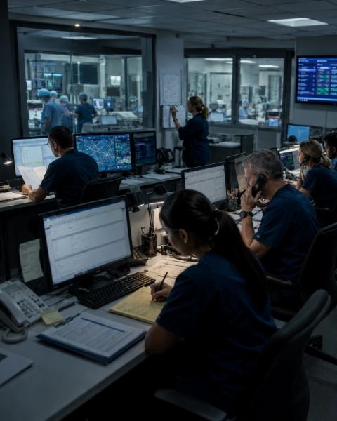 Healthcare operations team working in a calm clinical coordination environment while hospital systems remain under sustained ransomware pressure and critical digital dependencies are being closely monitored.