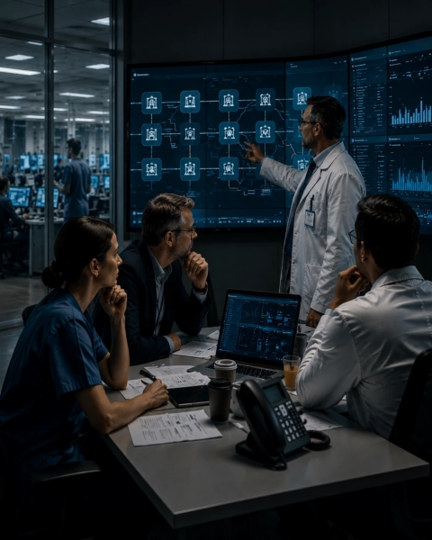 Hospital coordination team reviewing connected healthcare dependencies while calm operational screens suggest that a local cyber incident may be moving through trusted supplier and data exchange routes.